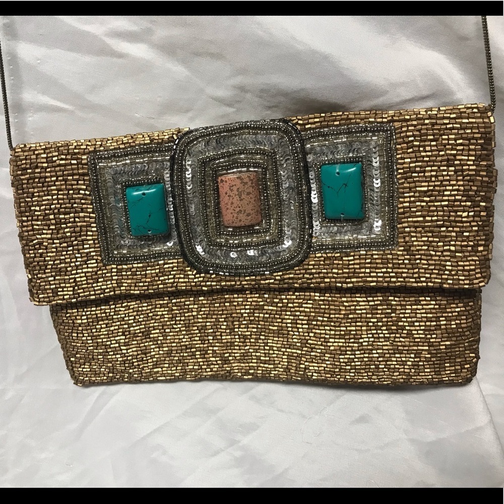 HAND EMBROIDERED 3 STONE BEADED CROSS BODY CLUTCH